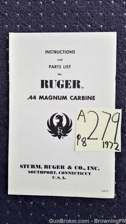 Orig Ruger .44 Magnum Carbine Owners Manual 1972-img-0