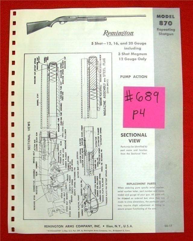 Orig Remington Parts List Schematics Model 870-img-0