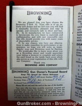 Orig Browning T-Bolt .22 Rifle Owners Manual 22-img-1