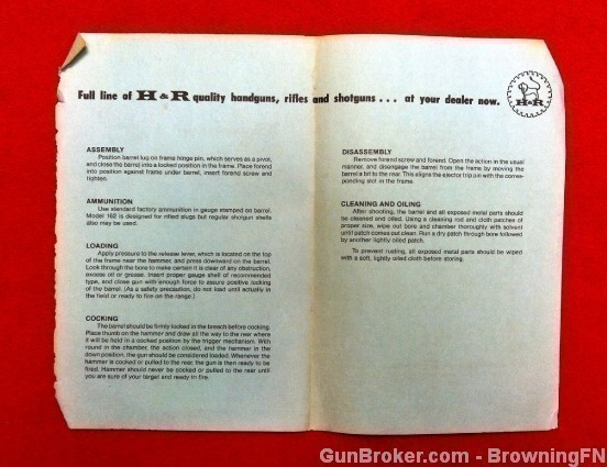 Orig H&R Model 162 Topper Shotgun Owners Instruction Manual-img-1