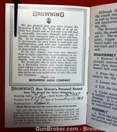 Orig Browning T-Bolt .22 Rifle Owners Manual 22-img-3