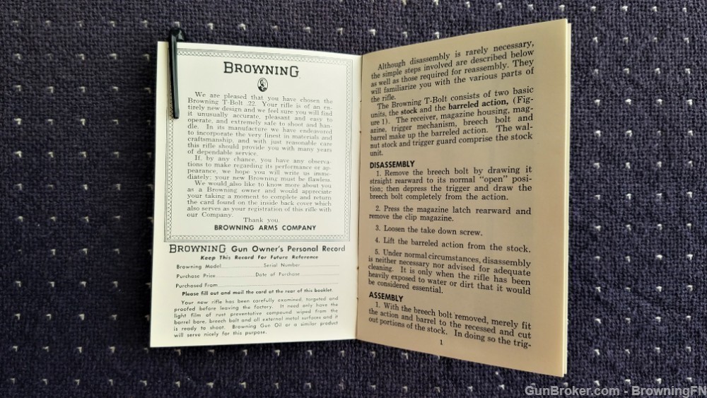 Orig Browning T-Bolt .22 Repeating Rifle Owners Manual-img-1