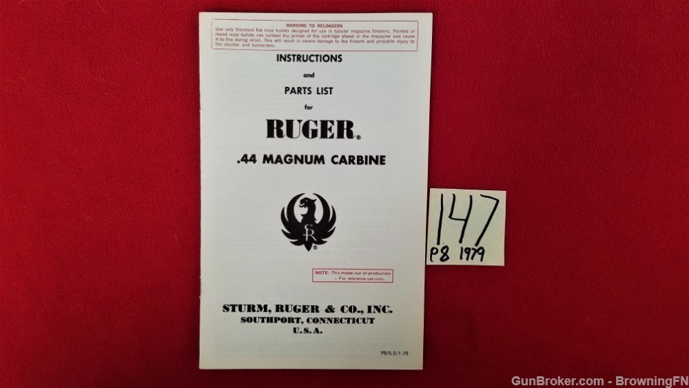 Original Ruger .44 Magnum Carbine Owners Instruction Manual 1979-img-0