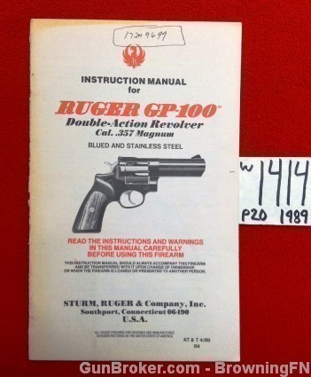 Orig Ruger GP-100 .357 Revolver Owners Instruction Manual 1989-img-0