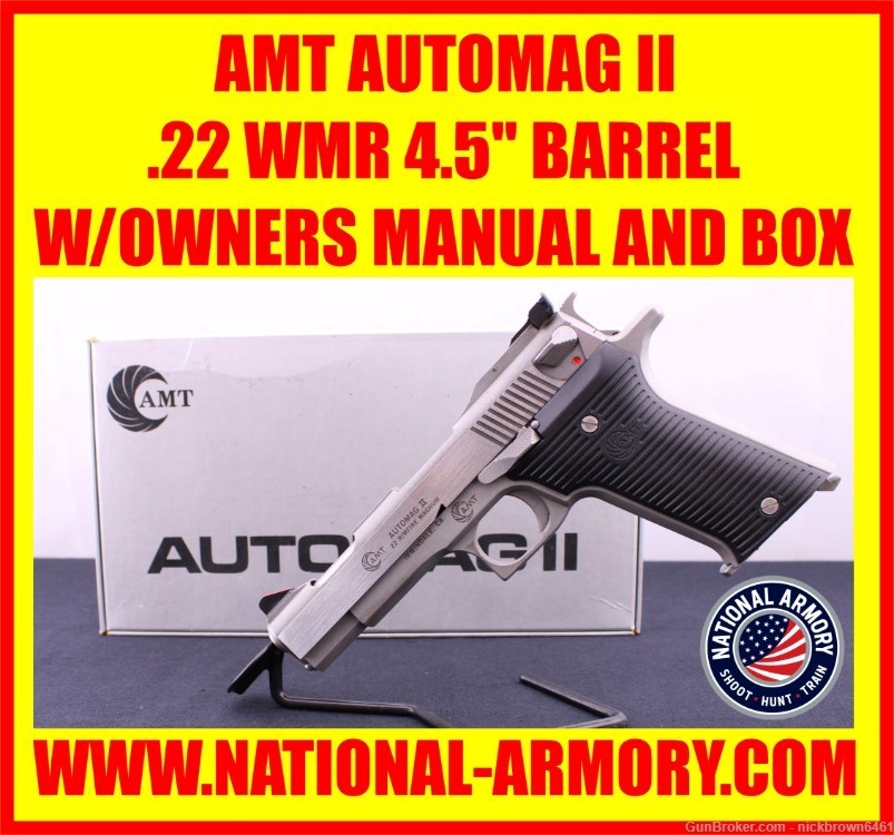 AMT AUTOMAG II 22 WMR 4.5” BARREL W/ FACTORY BOX AND MANUAL -img-0