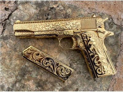 COLT 1911 DEEP ENGRAVED 45 ACP 24K GOLD CUSTOM 