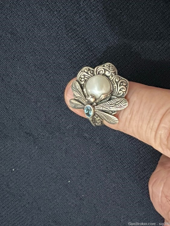 STERLING SILVER PEARL & BLUE TOPAZ DRAGONFLY RING-img-9