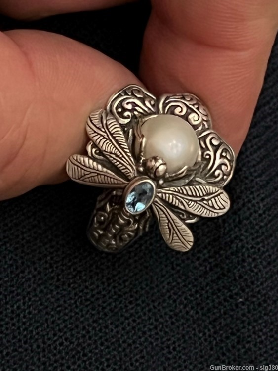 STERLING SILVER PEARL & BLUE TOPAZ DRAGONFLY RING-img-2