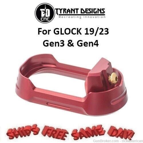 Tyrant Designs Glock 19/23 Magwell RED, GOLD # TD-G19-G34-MW-RED-GLDSCRW-img-0