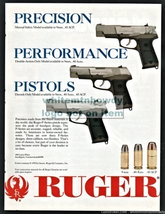 1993 RUGER 9mm .45 ACP, Double Action, Decock Pistol PRINT AD-img-0