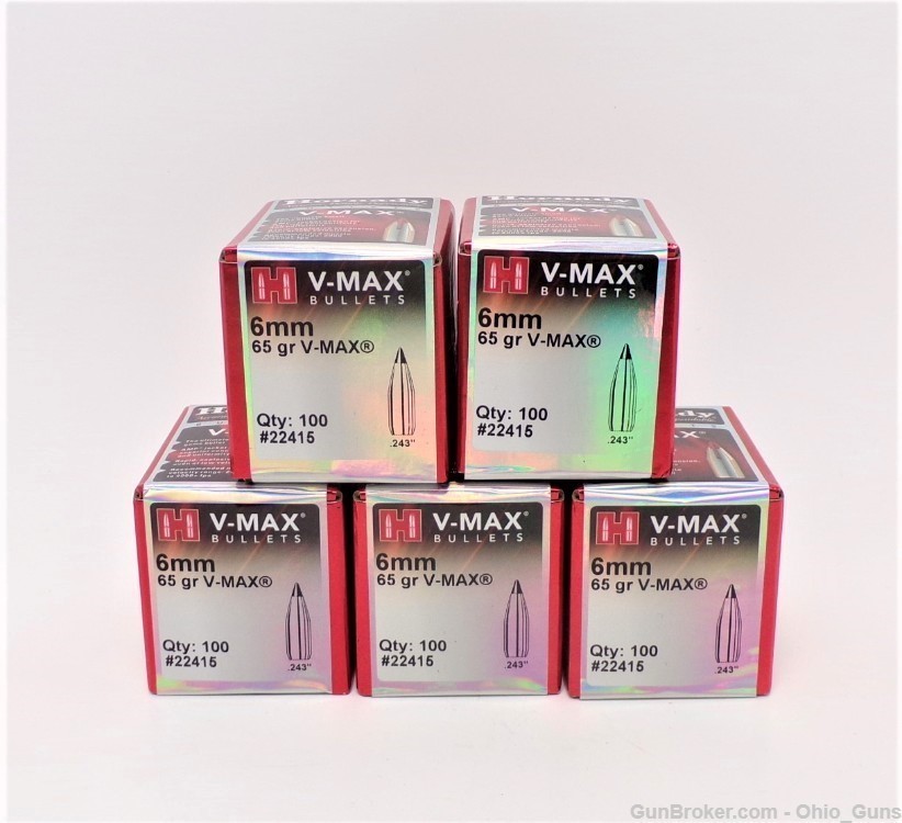 Hornady V-Max Bullets 6mm 65 gr. .243" - Qty. 5 Boxes (100 ct per box)-img-1