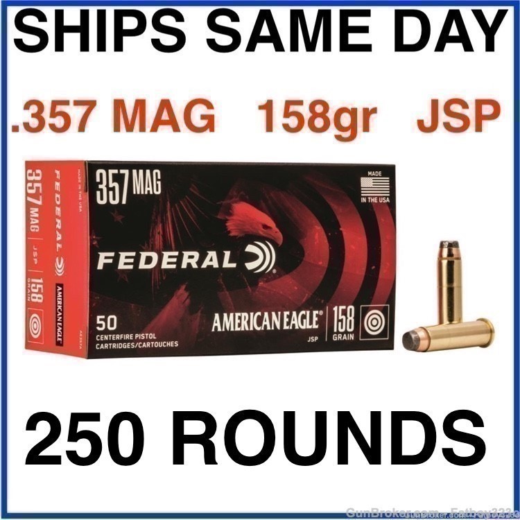 250 Rounds - Federal American Eagle 357 Magnum Ammo 158 Grain JSP-img-0