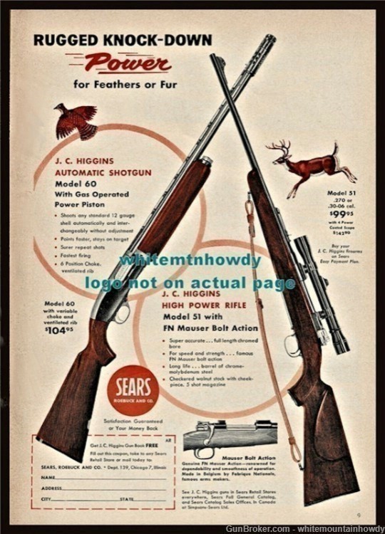 1956 J.C. HIGGINS Model 60 Shotgun 51 Rifle w/Mauser Action Sears PRINT AD-img-0