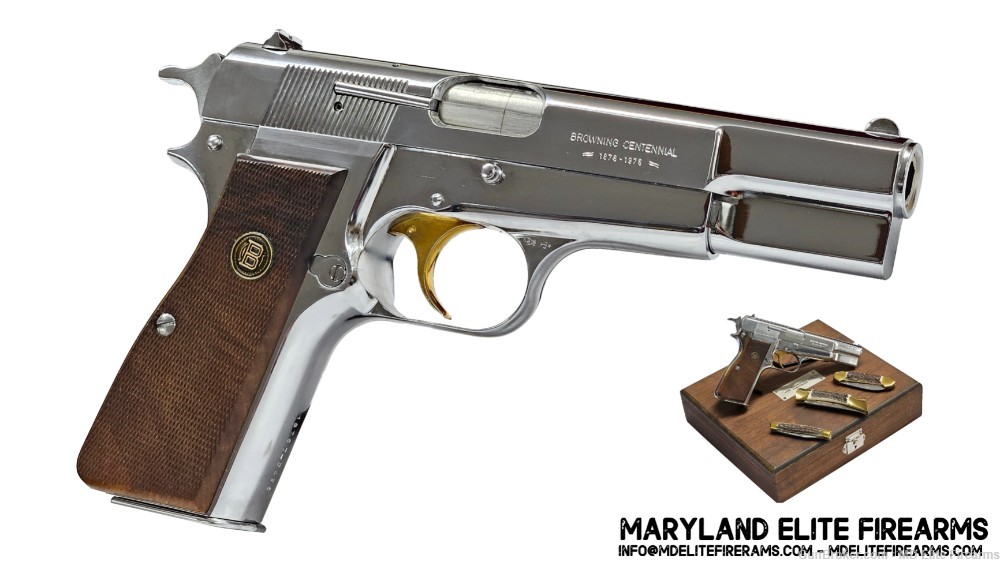 1878-1978 Centennial Belgium Browning Hi-Power 9mm 4.7" Chrome + Knives -img-0