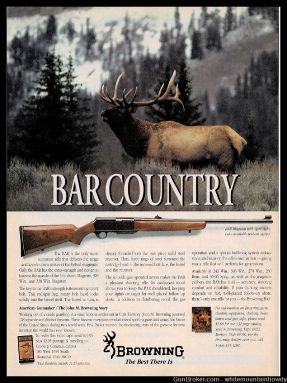 1991 BROWNING BAR Magnum Rifle PRINT AD w/ Elk Photo-img-0