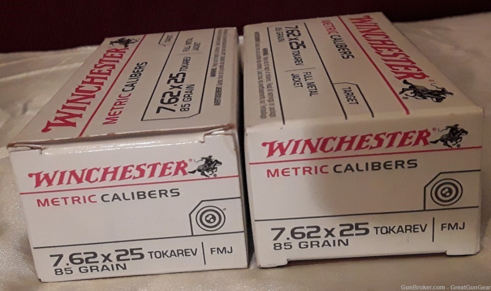 Winchester 7.62x25 Tokarev 85 Grain Full Metal Jacket 100 Centerfire Rounds-img-1
