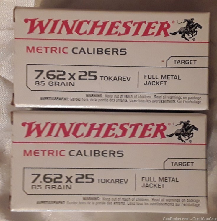 Winchester 7.62x25 Tokarev 85 Grain Full Metal Jacket 100 Centerfire Rounds-img-0