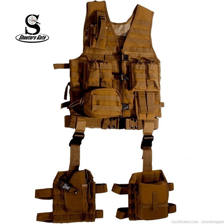  Tactical MOLLE System 10 Piece Ambidextrous Deluxe Modular Web Vest,FDE-img-0