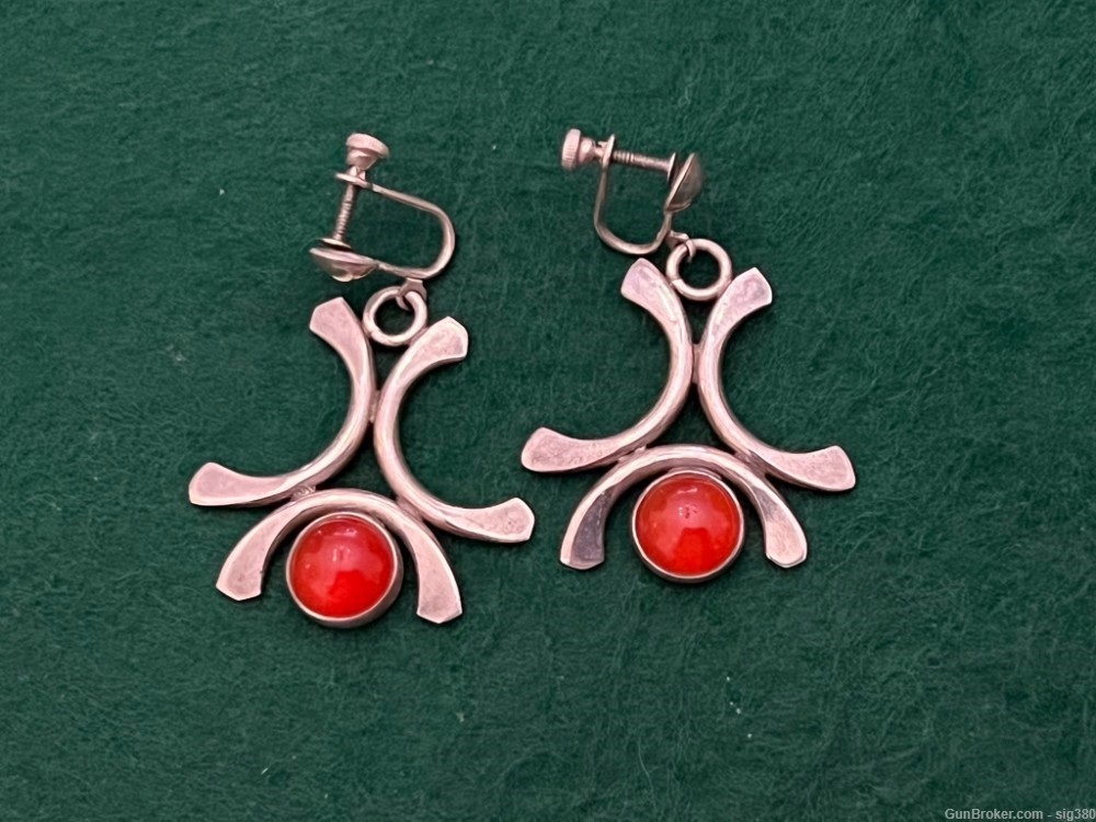 VINTAGE DANISH MID CENTURY STERLING SILVER RED CORAL CLAMP EARRINGS-img-0