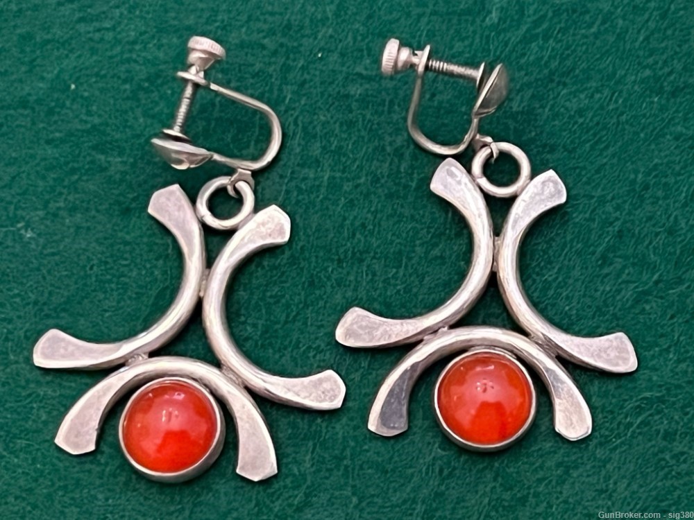 VINTAGE DANISH MID CENTURY STERLING SILVER RED CORAL CLAMP EARRINGS-img-1