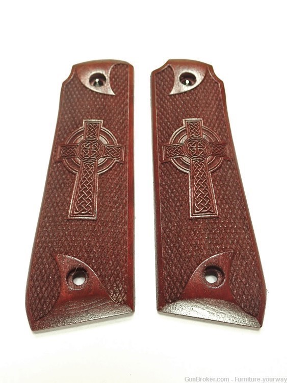 -Rosewood Celtic Cross Ruger Mark IV 22/45 Grips Checkered Engraved Texture-img-0