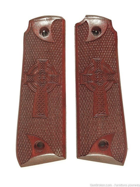 -Rosewood Celtic Cross Ruger Mark IV 22/45 Grips Checkered Engraved Texture-img-1