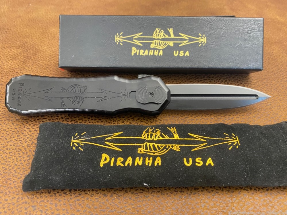 PIRANHA EXCALIBUR OTF AUTOMATIC KNIFE BLACK 3.3" DAGGER STONEWASH P8-BK-img-0