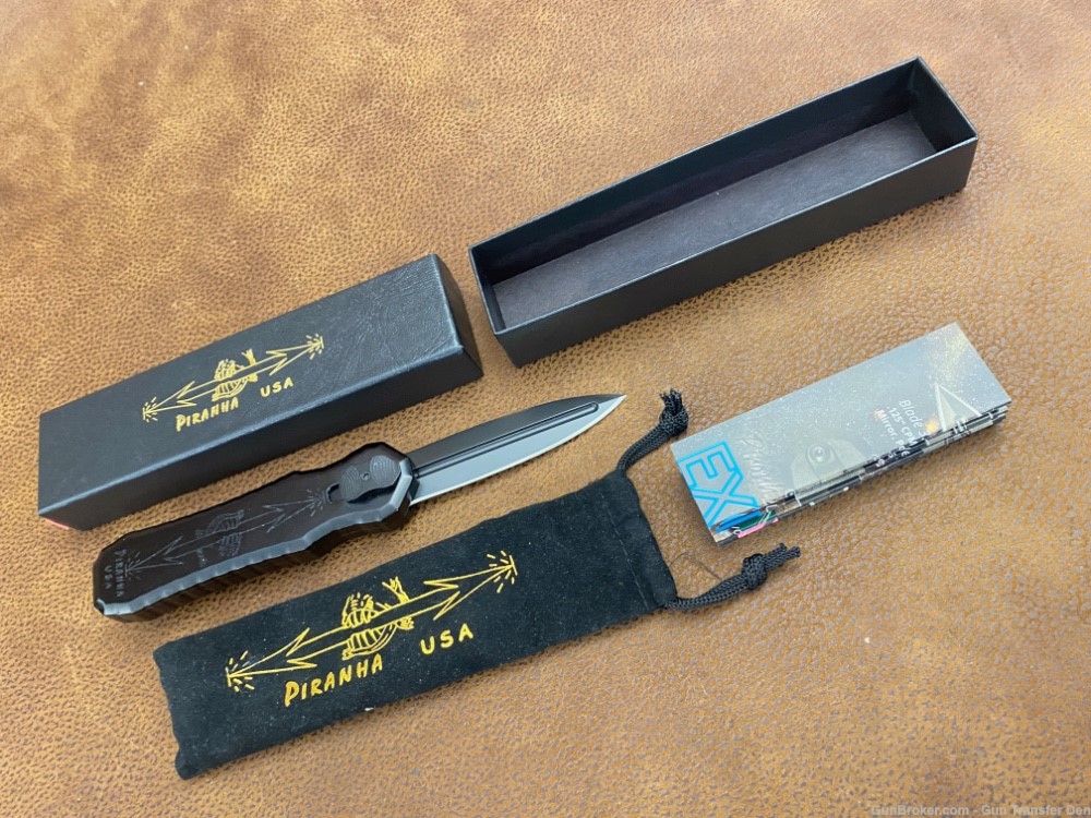PIRANHA EXCALIBUR OTF AUTOMATIC KNIFE BLACK 3.3" DAGGER STONEWASH P8-BK-img-1