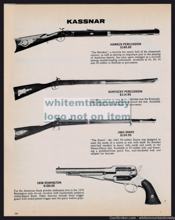 1965 KASSNAR Hawken & Kentuicky, 1863 Zoave Muzzleloading Rifle PRINT AD-img-0