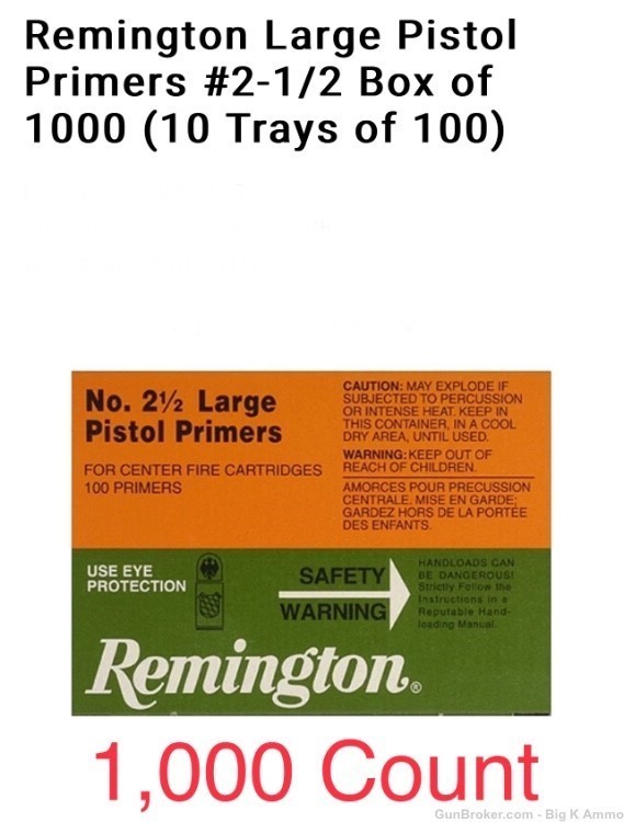 Remington Large Pistol Primers #2-1/2 Box of 1000 (10 Trays of 100) NoCCFee-img-0