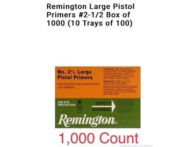 Remington Large Pistol Primers #2-1/2 Box of 1000 (10 Trays of 100) NoCCFee
