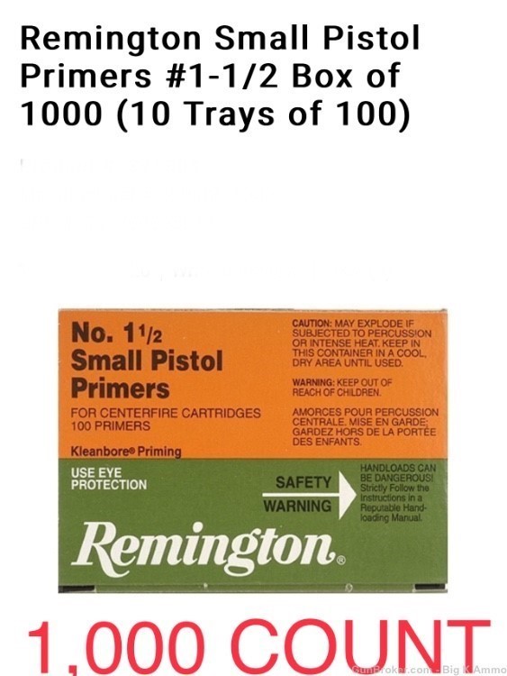 Remington Small Pistol Primers #1-1/2 Box of 1000 (10 Trays of 100) NoCCFee-img-0