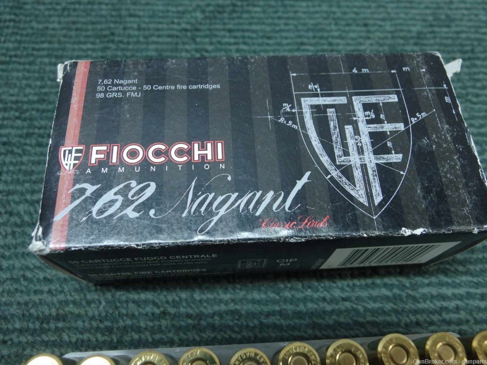 FIOCCHI 7.62 NAGANT AMMO - 50 ROUND BOX - 98GR FMJ-img-1
