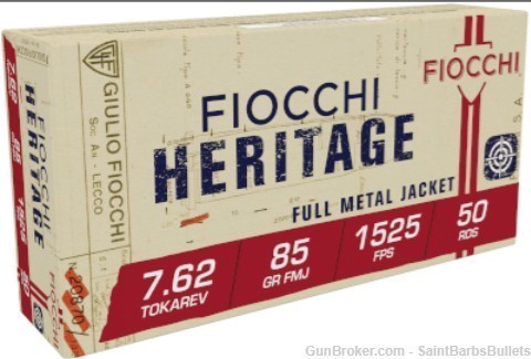Fiocchi Heritage 7.62 Tokarev 85 Grain FMJ - 50 Rounds-img-0
