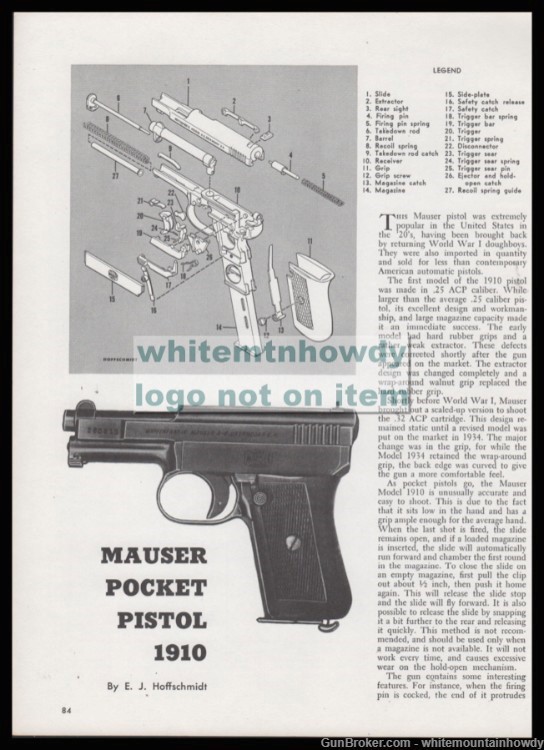 MAUSER 1910 Pocket Pistol Schematic Parts List Assembly Article-img-0