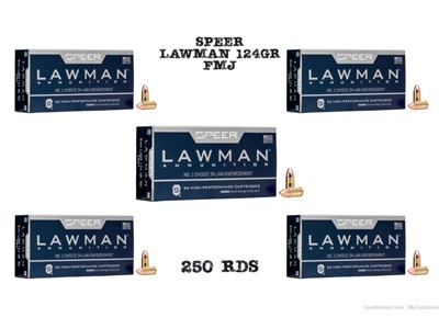 Speer Lawman Handgun Ammunition 9mm Luger 124 gr TMJ 1090 fps 250rds