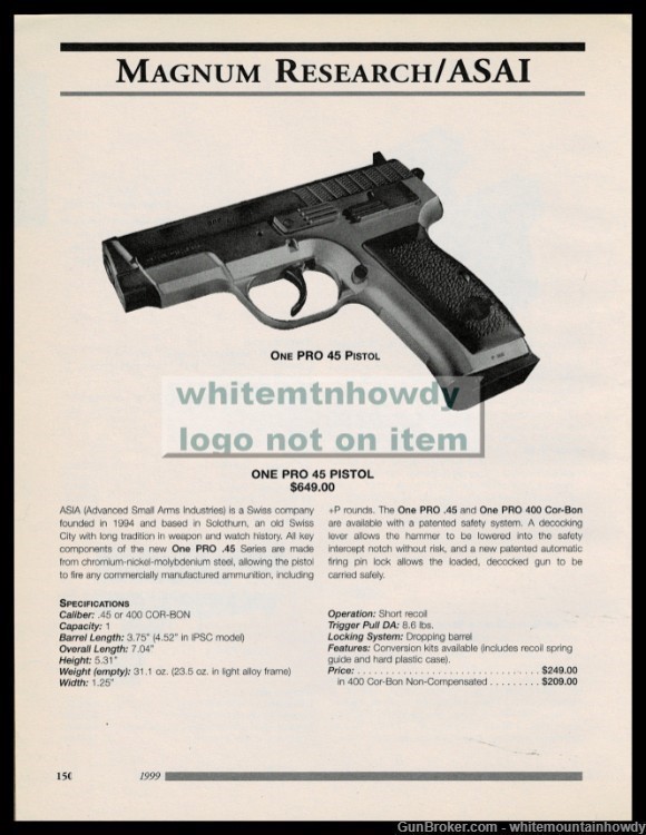1999 MAGNUM RESEARCH One Pro .45 Pistol PRINT AD Original Advertising-img-0