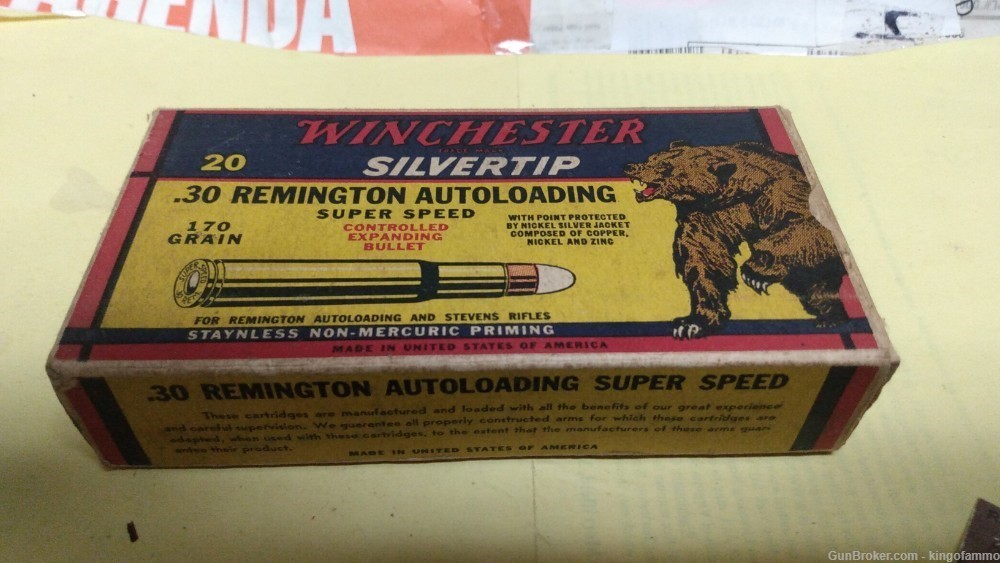 Exc Scarce Winchester BEAR Box 30 REMINGTON 170gr SuperSpeed SILVERTIP Ammo-img-0