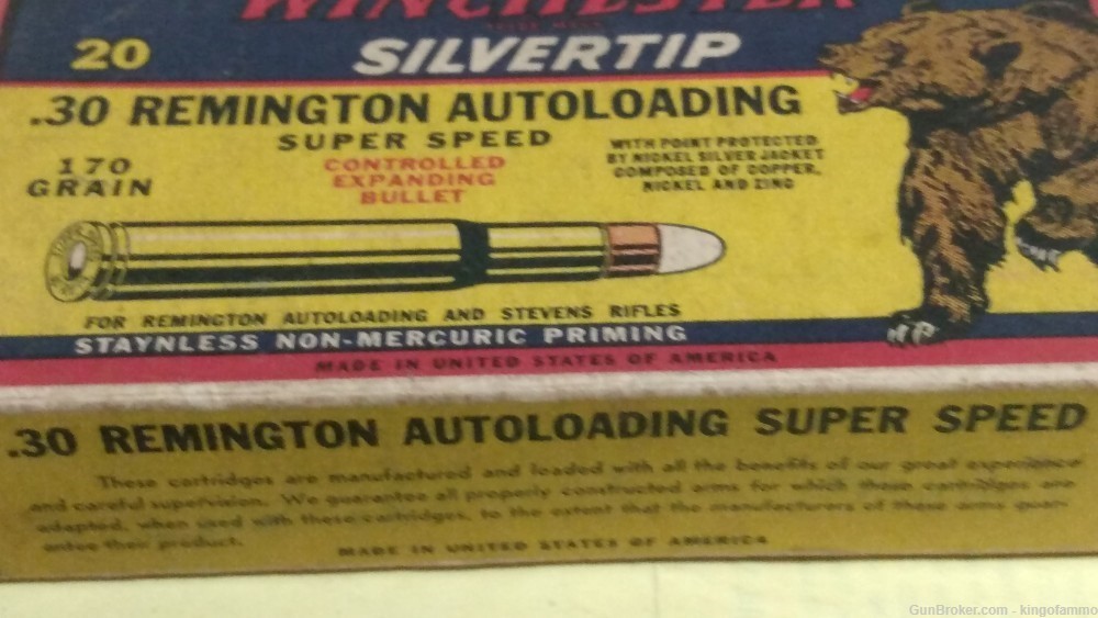 Exc Scarce Winchester BEAR Box 30 REMINGTON 170gr SuperSpeed SILVERTIP Ammo-img-1