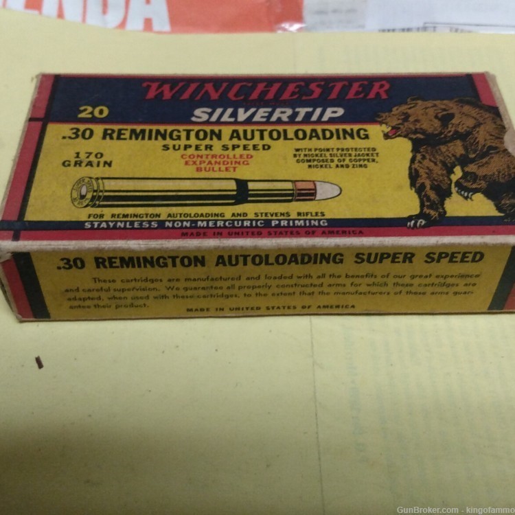 Exc Scarce Winchester BEAR Box 30 REMINGTON 170gr SuperSpeed SILVERTIP Ammo-img-6
