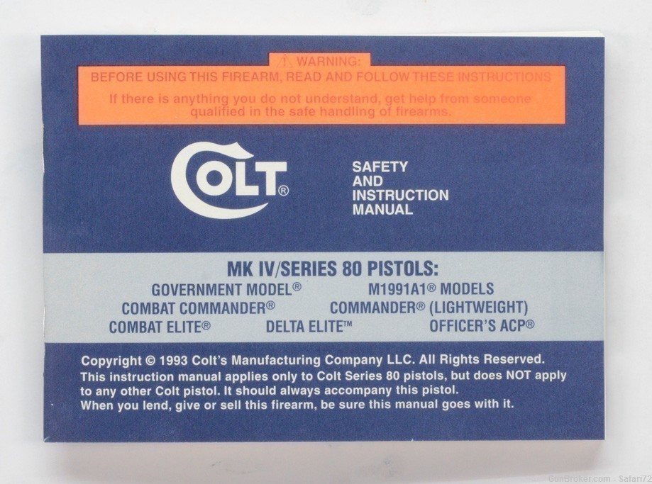 Colt MK IV/Series 80 Pistols 1993 Manual, Repair Station List, Colt Letter,-img-1