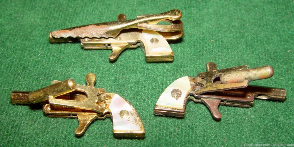 Rare Set Miniature 2mm Pinfire Gold Plated Pearl Grip Cufflinks & Tie Bar-img-1