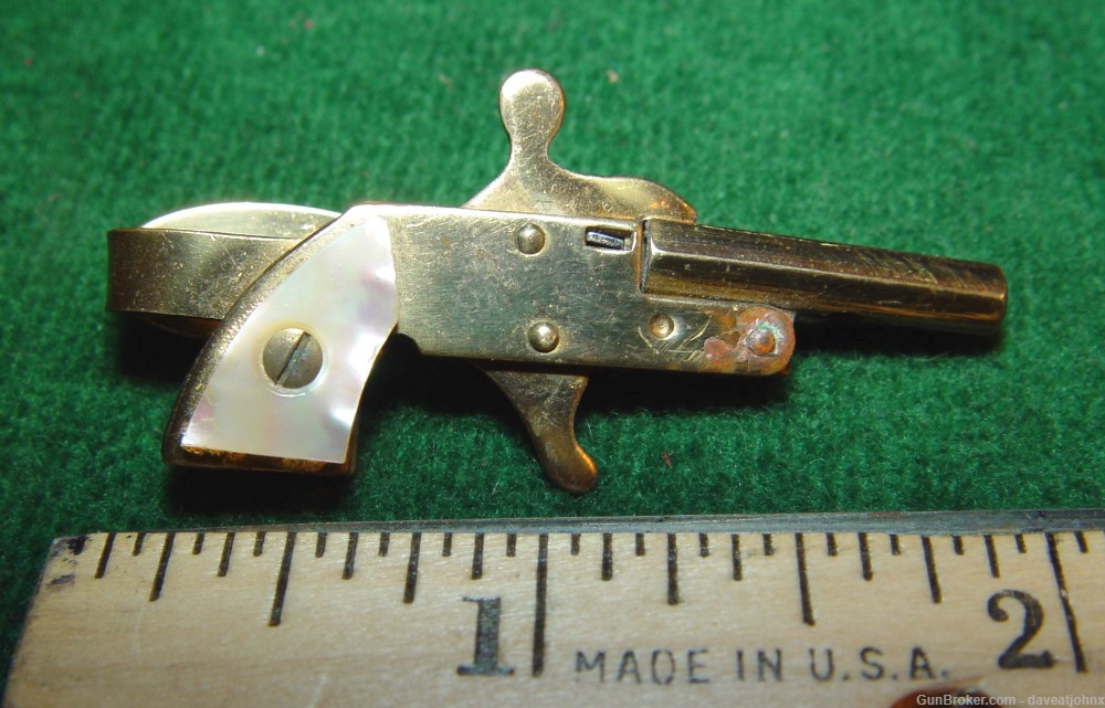 Rare Set Miniature 2mm Pinfire Gold Plated Pearl Grip Cufflinks & Tie Bar-img-3