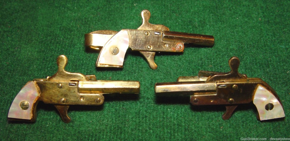 Rare Set Miniature 2mm Pinfire Gold Plated Pearl Grip Cufflinks & Tie Bar-img-0