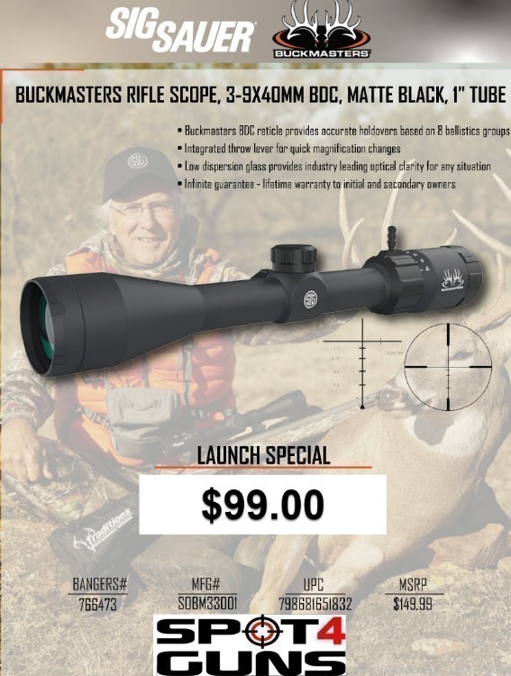 Sig Sauer Buckmasters 3-9x40mm BDC Riflescope SOBM33001 +JUST OUT+-img-1