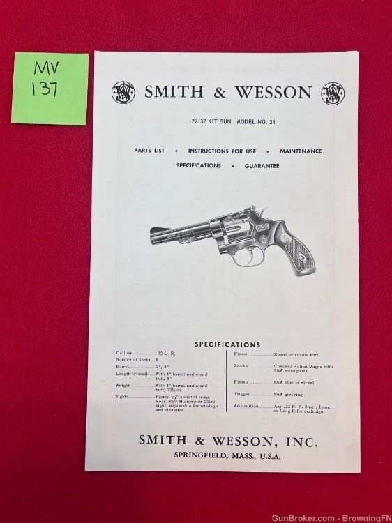 Vintage Smith & Wesson Owners Instruction Manual Model 34 Kit Gun S&W-img-0