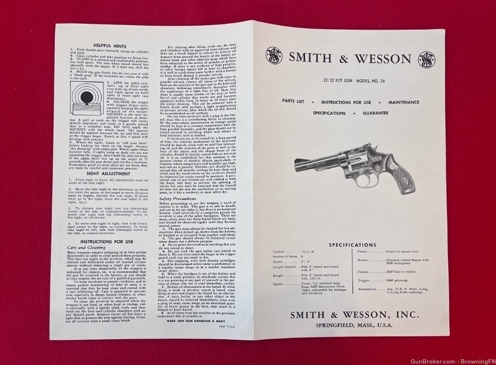 Vintage Smith & Wesson Owners Instruction Manual Model 34 Kit Gun S&W-img-3