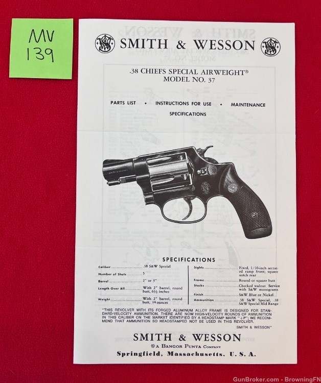 Vintage Smith & Wesson Owners Instruction Manual Model 37 Chief Special S&W-img-0