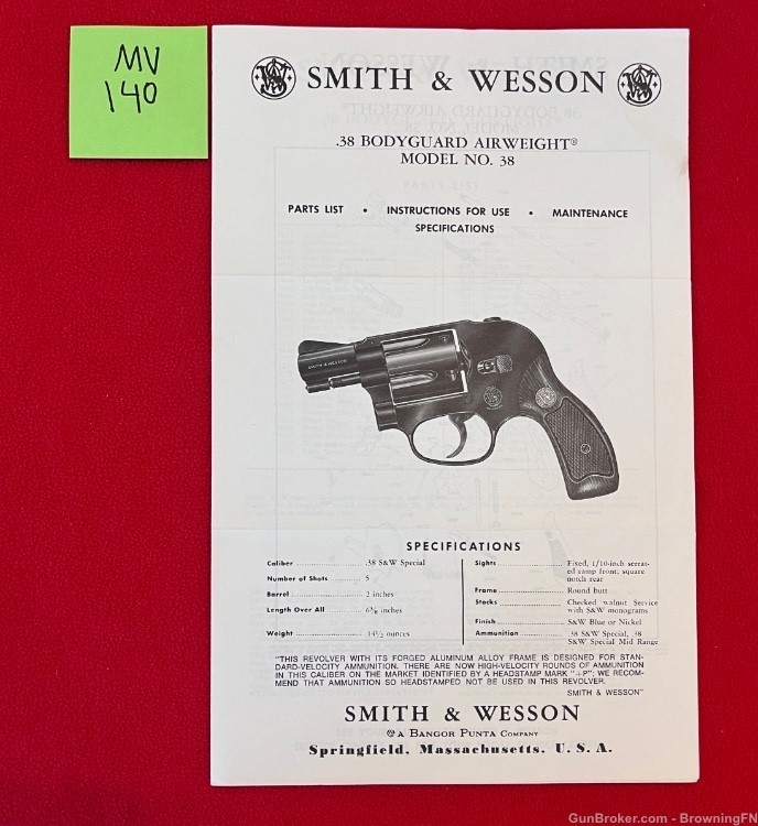 Vintage Smith & Wesson Owners Instruction Manual Model 38 Bodyguard S&W-img-0