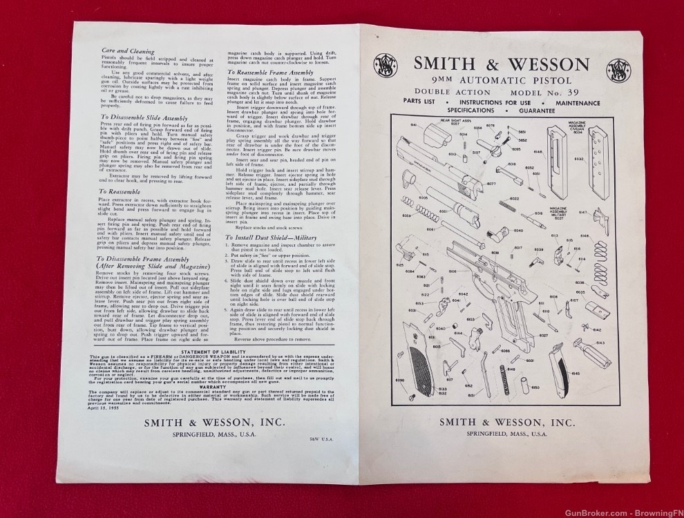 Vintage Smith & Wesson Owners Instruction Manual Model 39 9mm Auto  S&W-img-3